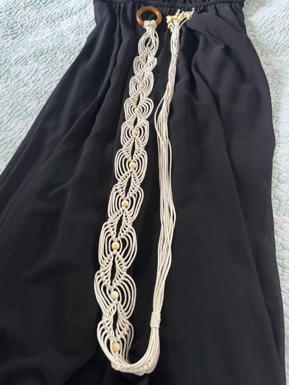 Boho Macrame Cream Waist Belt with Wooden Beads